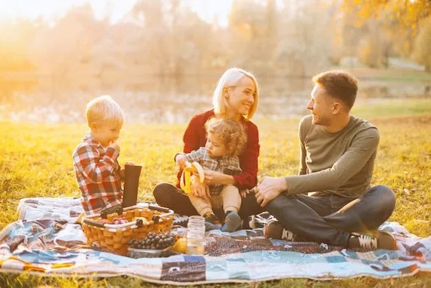 A happy family (parents and children) enjoying a picnic in a beautiful park with a city skyline in the background, showing cost-effective family fun.