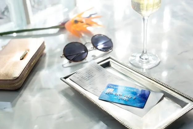 A close-up of a premium travel credit card with a blurred background of an airport lounge, highlighting the card's metallic finish and subtle lounge amenities.