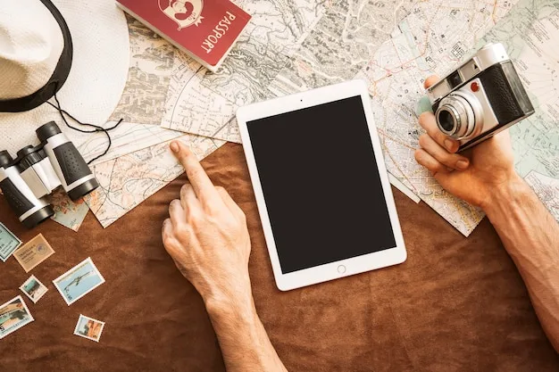 A person meticulously planning their travel itinerary on a tablet, surrounded by travel guides and coffee. The scene suggests detailed strategizing and organization.