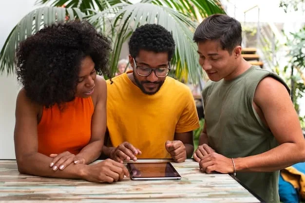 A diverse group of students engaged in a collaborative learning activity, looking at a tablet with educational content, symbolizing modern learning and technology integration.