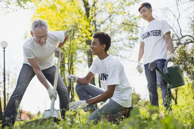 A diverse group of young volunteers planting trees in a sunny, green landscape, symbolizing international ecological efforts.
