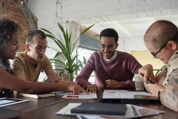 A diverse group of young adults sitting around a table, actively discussing financial documents and laptops, with a clear focus on understanding complex loan information. The setting should appear modern and collaborative.