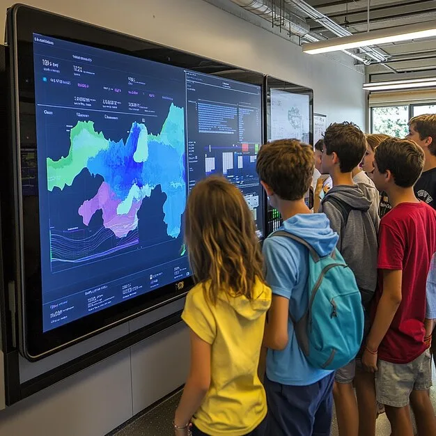 A digital dashboard displaying various educational metrics, including student progress, attendance, and resource allocation, with AI algorithms processing data in the background. The interface looks clean and efficient, symbolizing administrative automation.