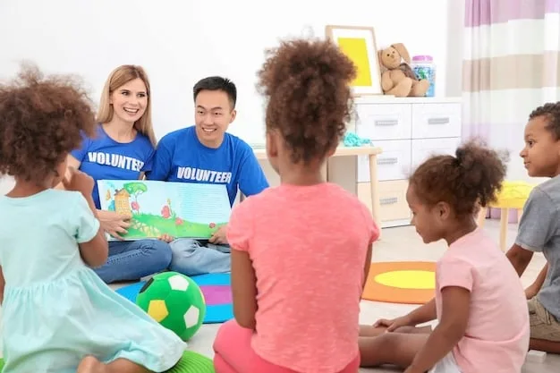 Diverse group of young children actively participating in a circle time activity, listening attentively to their teacher and engaging with a colorful teaching aid, illustrating readiness for school.