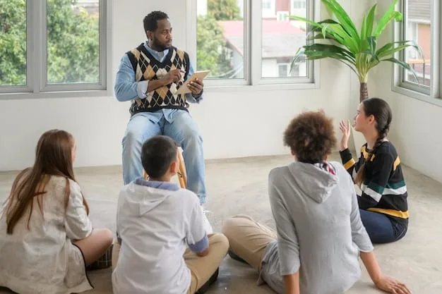 A teacher facilitating a group discussion with elementary school children, encouraging active listening and respectful dialogue, with diverse expressions reflecting understanding and engagement.