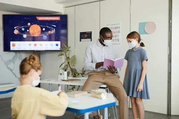 A diverse group of students collaborating on a project in a modern classroom, utilizing flexible seating arrangements and interactive whiteboards, emphasizing student-centered learning.