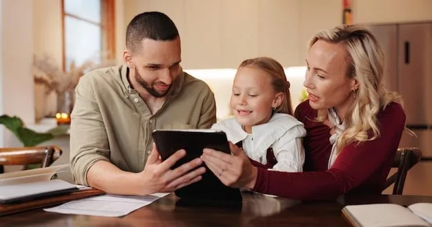 A family reviewing tax documents on a tablet, with a child in the background, symbolizing the impact of tax changes on family finances.