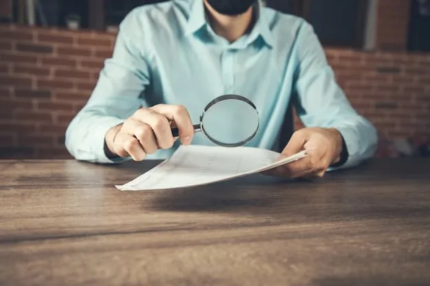 A magnifying glass over a tax document, with a finger pointing to a section, illustrating detailed review and analysis of tax law.