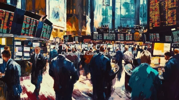 A chaotic stock market floor with traders looking stressed, screens displaying volatile stock prices, and headlines indicating