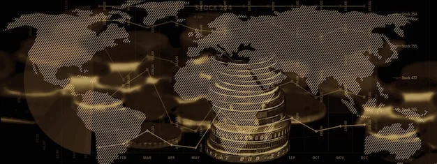 A depiction of various international currencies stacked, with the US dollar showing signs of slight decline, set against a background of a globe and financial charts, symbolizing global market impact. The image should convey the concept of changing currency values.