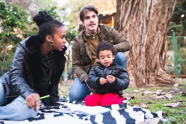 A diverse family (father, mother, and two children, one boy and one girl) gathered around a kitchen island. The parents are helping the children with homework on a laptop and a tablet, demonstrating collaborative learning and responsible screen time usage. The scene is warm and inviting.
