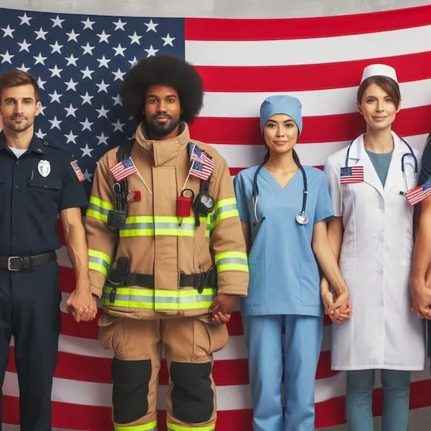 A diverse group of public service workers, such as nurses, teachers, and firefighters, standing together with a subtle overlay of a graduation cap.