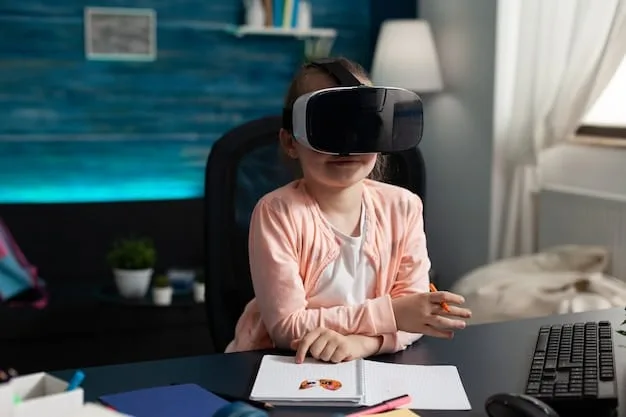 A student wearing VR goggles, immersed in an AI-powered virtual lesson, with a glowing brain graphic overhead to symbolize enhanced learning and cognitive engagement.