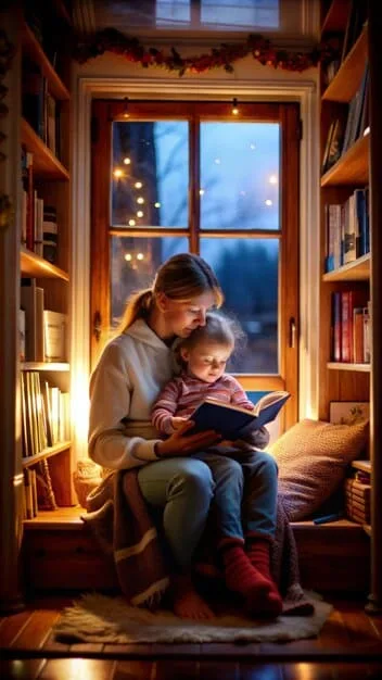 A cozy reading nook with bookshelves filled with books, a comfortable armchair, and warm light, ready for a child and parent to read together.