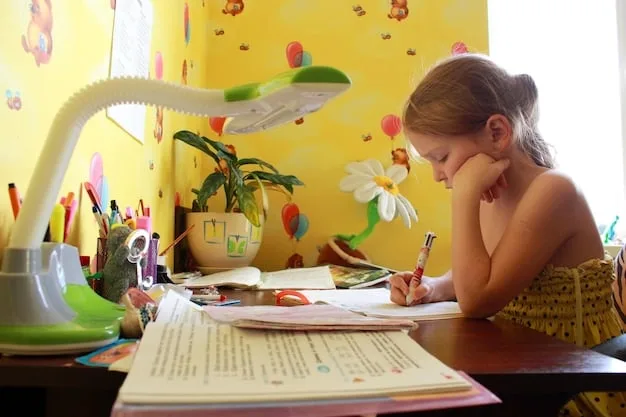 A child sitting at a desk surrounded by open books, using a highlighter and sticky notes, showing active engagement with diverse texts including both fiction and non-fiction.