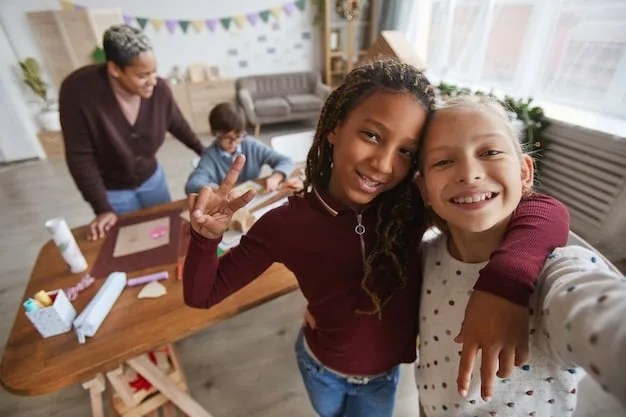 A diverse group of four children, varying in age and ethnicity, enthusiastically collaborating on a science experiment activity on a spacious indoor table, surrounded by colorful educational tools and a positive, cooperative atmosphere.