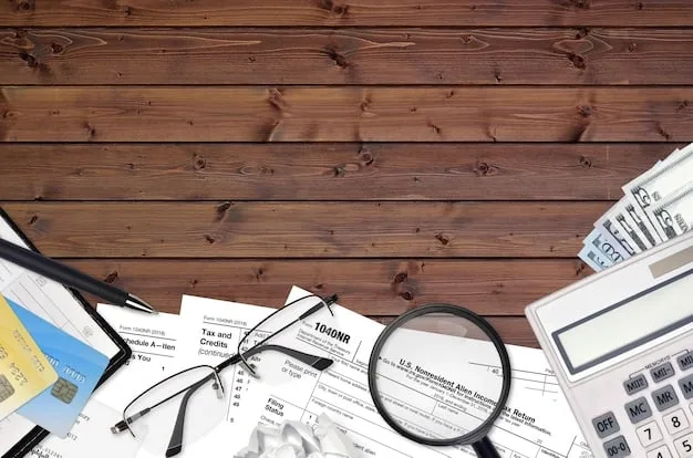A detailed tax form (like Schedule D for Capital Gains and Losses) being filled out, with a pen, glasses, and a financial newspaper nearby. The focus is on the intricate details of tax documentation.