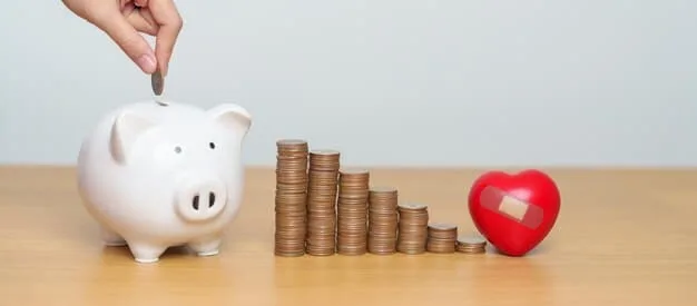A stack of coins and dollar bills next to a small piggy bank labeled
