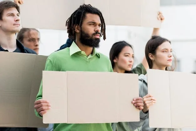 A diverse group of people participating in a public debate or forum, some holding signs, symbolizing community engagement and advocacy for policy changes.