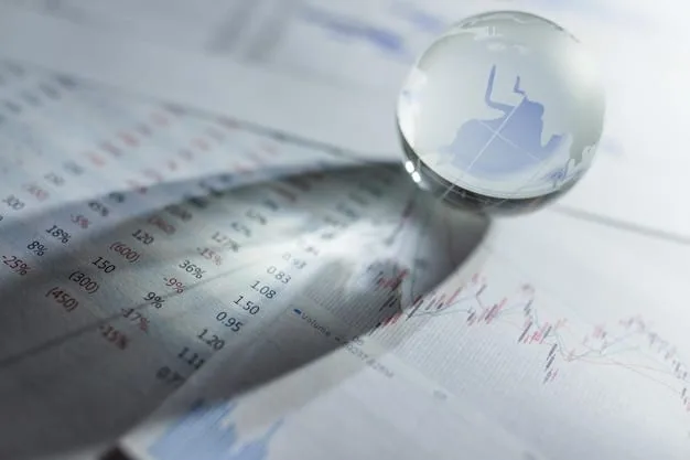A close-up of a magnifying glass hovering over complex financial documents with various charts and graphs, suggesting detailed regulatory scrutiny. In the background, faded global map outlines.
