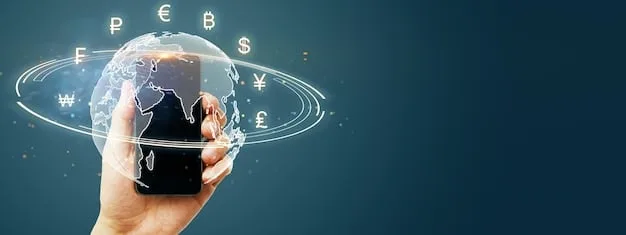 A person's hand holding a smartphone displaying a money transfer app interface, with a background of a blurred globe and subtle financial graphs, symbolizing global digital transactions.