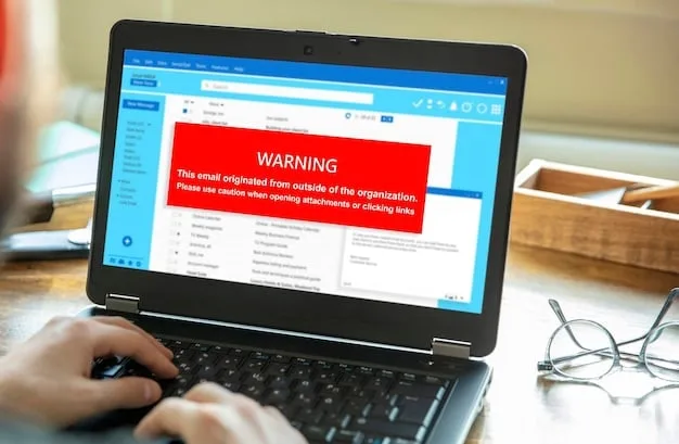 A close-up of a computer screen displaying multiple suspicious email notifications, pop-up ads, and a warning sign icon, suggesting a compromised digital environment. A hand is hesitantly hovering over the mouse.