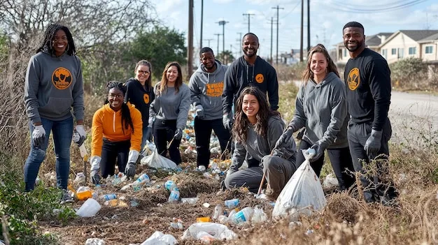 Community volunteers helping clear debris after a hurricane, showcasing social resilience and aid efforts. People are working together, and smiles are visible among the workers.