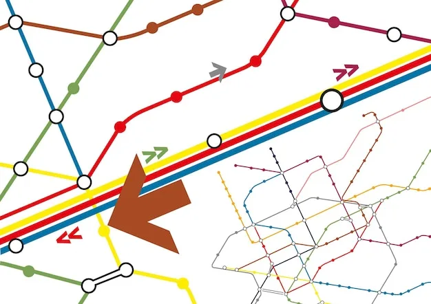 A detailed map of a city's metro or subway system, brightly colored and showing various lines and stations, with a hand pointing to a specific route, indicating planning of public transport.