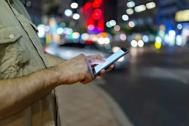 A close-up of a senior traveler's hand holding a smartphone, looking at a map app, with a foreign city street blurred in the background, symbolizing essential connectivity for navigation and safety.