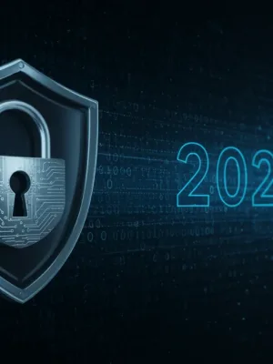 Digital shield protecting data with 2025, symbolizing new federal cybersecurity mandates for US businesses.