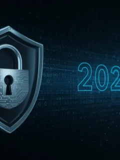 Digital shield protecting data with 2025, symbolizing new federal cybersecurity mandates for US businesses.