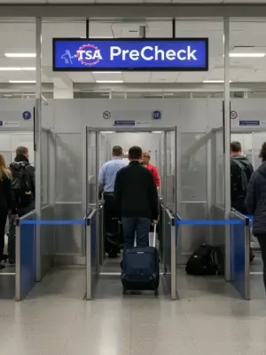 Travelers using TSA PreCheck lane efficiently at airport security in 2025