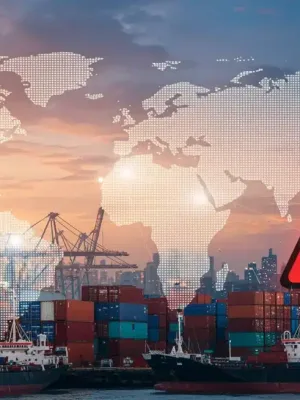Global supply chain under stress, with warning signs indicating impending disruptions.