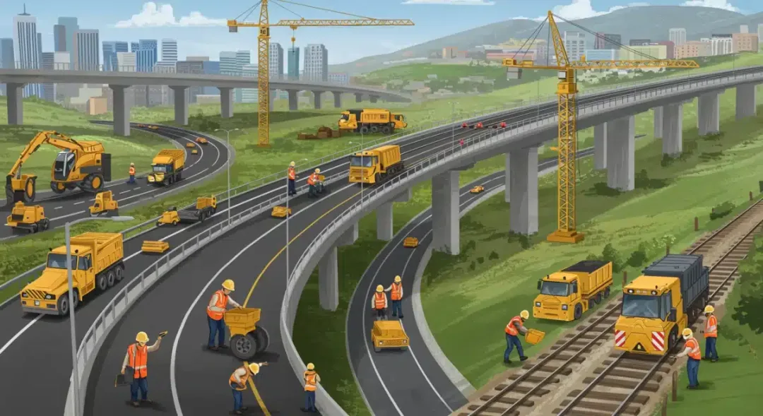 Modernized transportation infrastructure with construction workers