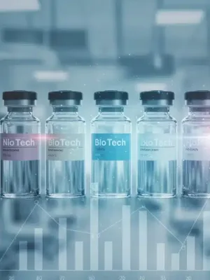 Five new biotech drug vials with a healthcare cost impact graph, symbolizing FDA approvals.