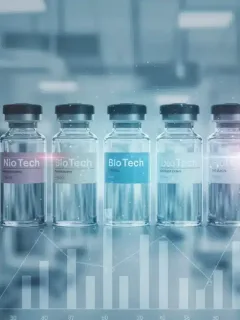 Five new biotech drug vials with a healthcare cost impact graph, symbolizing FDA approvals.