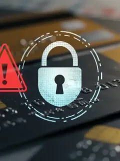 Digital lock icon with red alert over credit cards, symbolizing a major retailer data breach affecting millions of US accounts.