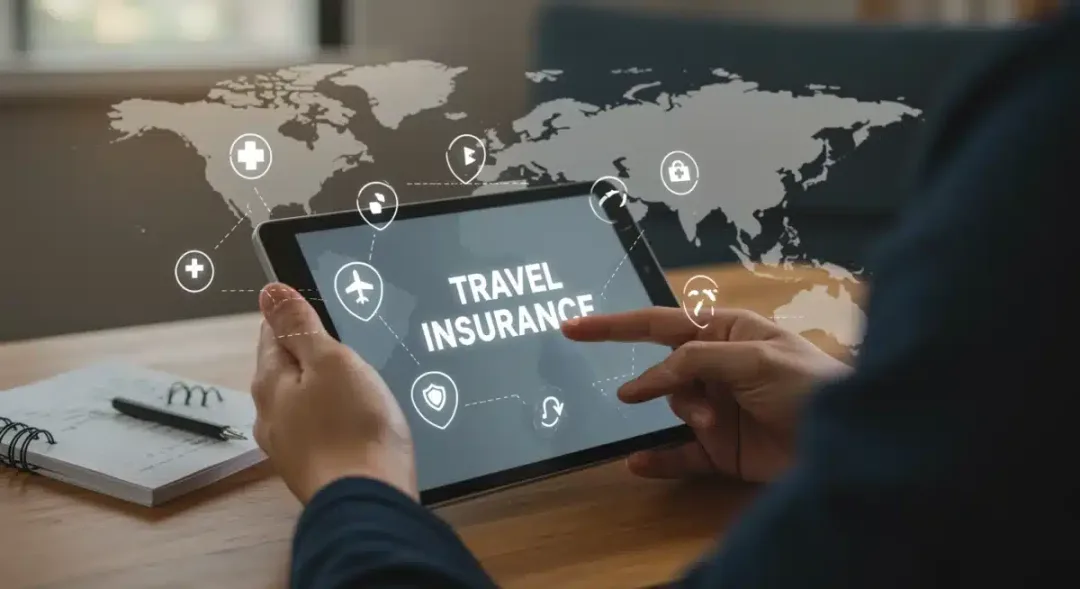 Person researching travel insurance on a tablet with a world map background, highlighting digital access to policy information.