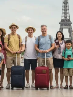 Diverse travelers smiling with passports and luggage in front of a global landmark, symbolizing safe and prepared international adventures.