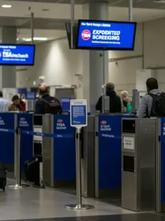 Travelers moving efficiently through a modern airport security checkpoint with expedited screening.