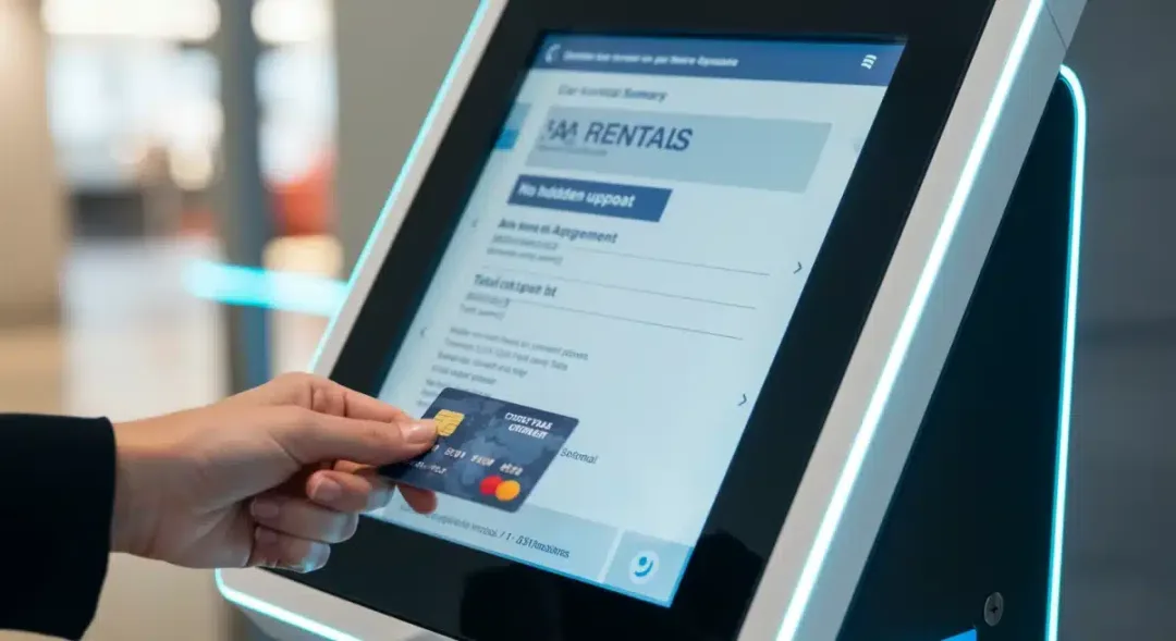Contactless payment at car rental kiosk, transparent pricing