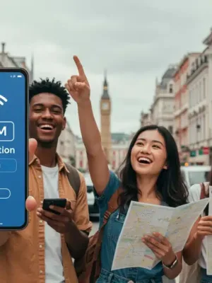 US travelers using smartphones with eSIMs in an international city, embodying global connectivity