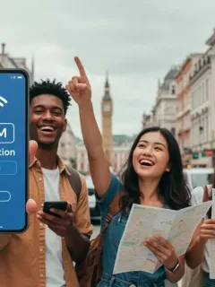 US travelers using smartphones with eSIMs in an international city, embodying global connectivity