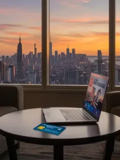 Luxury hotel room with city view and loyalty card, symbolizing maximized hotel rewards strategies for US travelers.