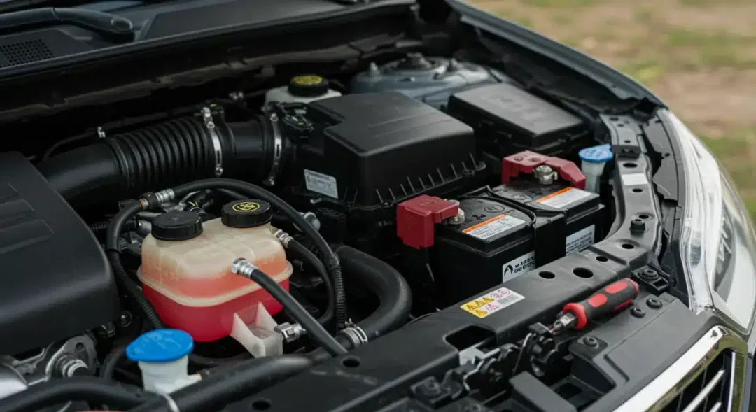 Close-up of car engine bay showing fluid levels and battery terminals