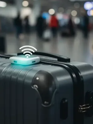 Smart luggage tracking device attached to a modern suitcase in an airport.