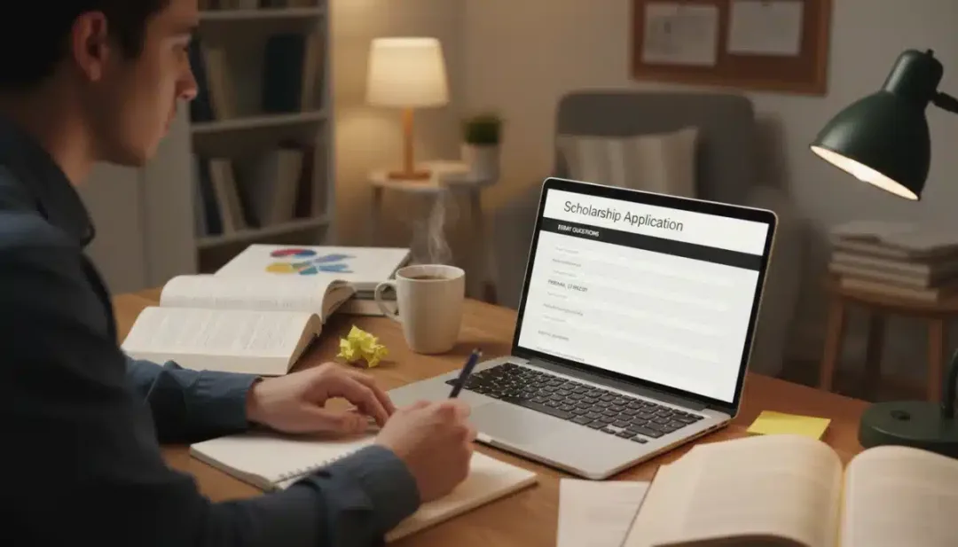 Student applying for scholarships online, focusing on essay questions.