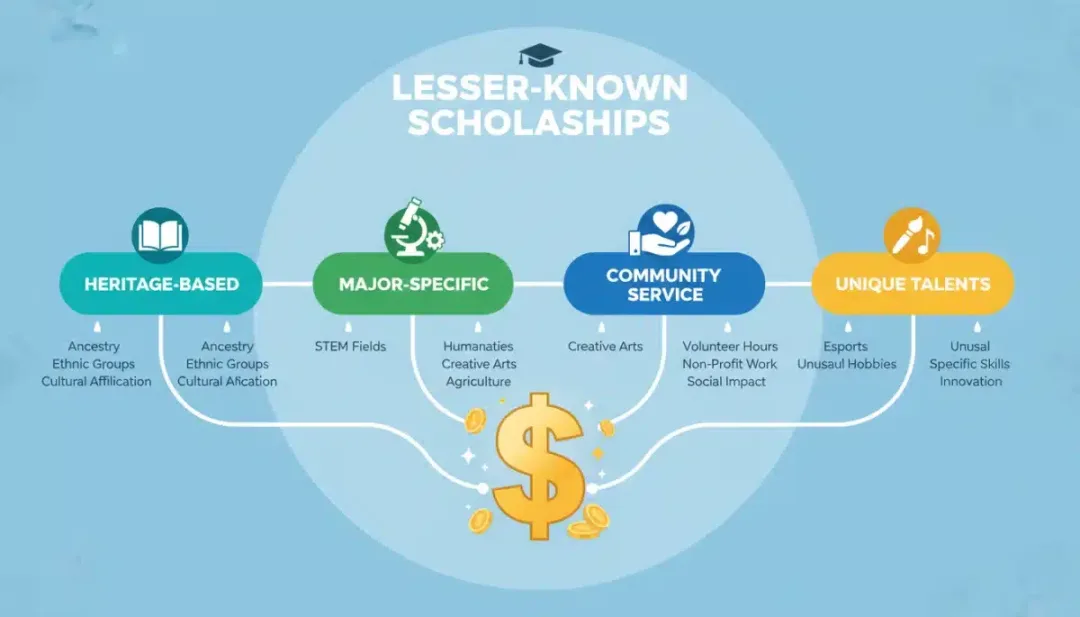 Infographic showing diverse lesser-known scholarship categories and their benefits.