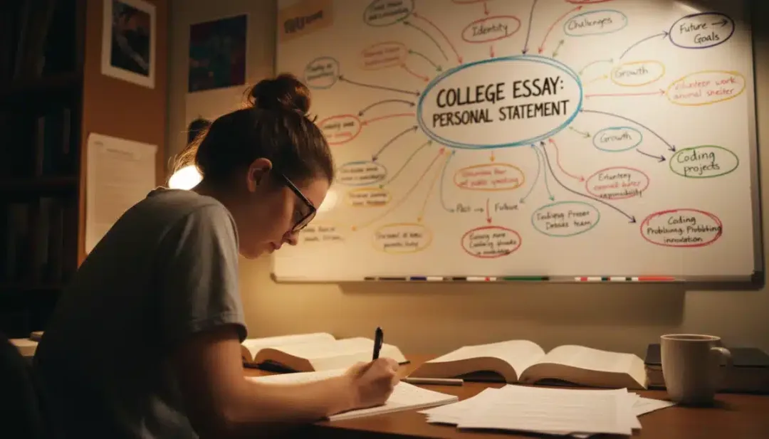 Student writing a college essay, brainstorming ideas