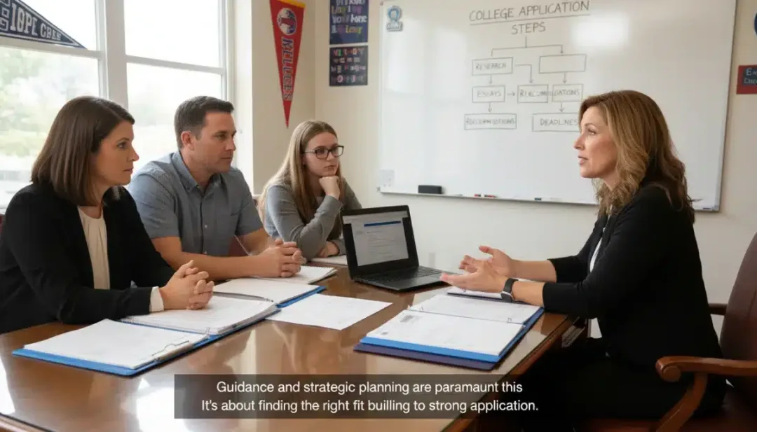 High school counselor advising student and parents on college applications